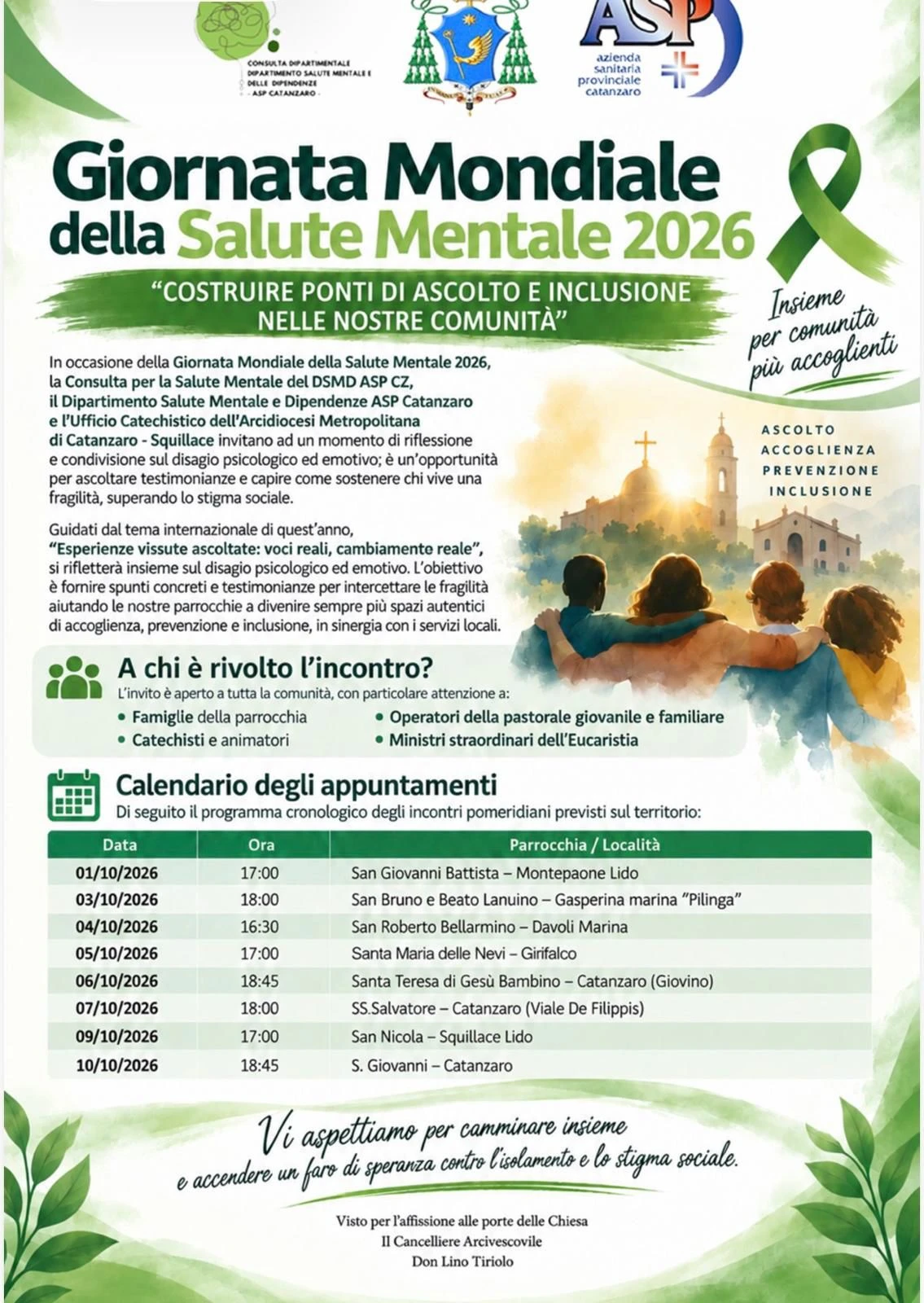 Salute mentale, Asp e Arcidiocesi Catanzaro-Squillace insieme per costruire "ponti di ascolto e inclusione nelle parrocchie"  