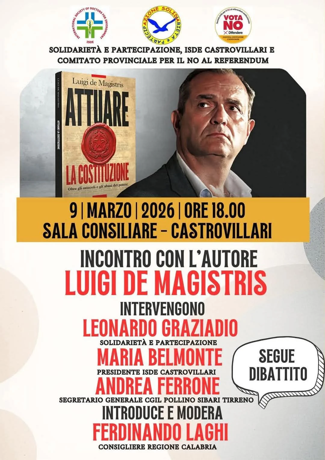 A Castrovillari un incontro con Luigi de Magistris per parlare di Costituzione e partecipazione democratica 