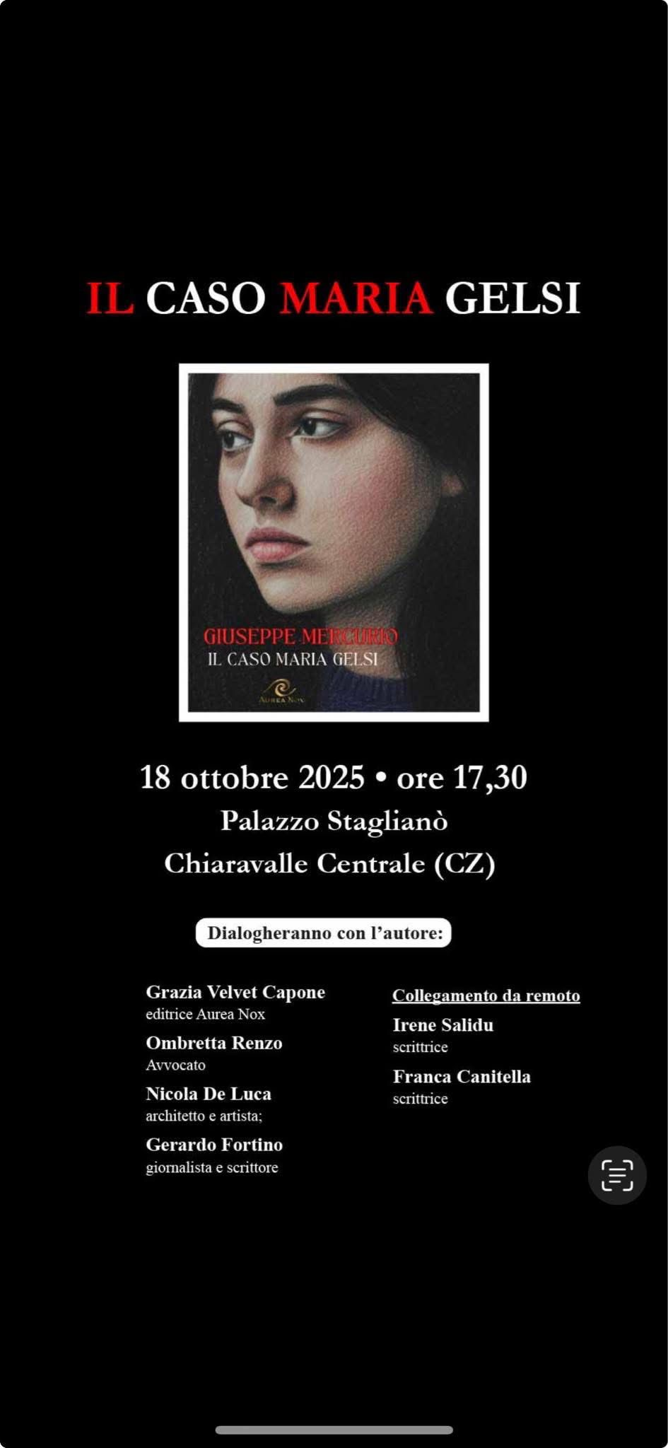 Chiaravalle centrale, sabato la presentazione del libro 'Il caso Maria Gelsi' 