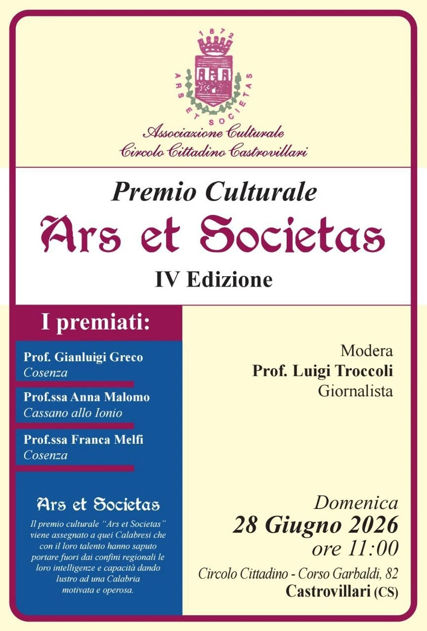 A Castrovillari il 28 giugno la quarta edizione del Premio "Ars et Societas"