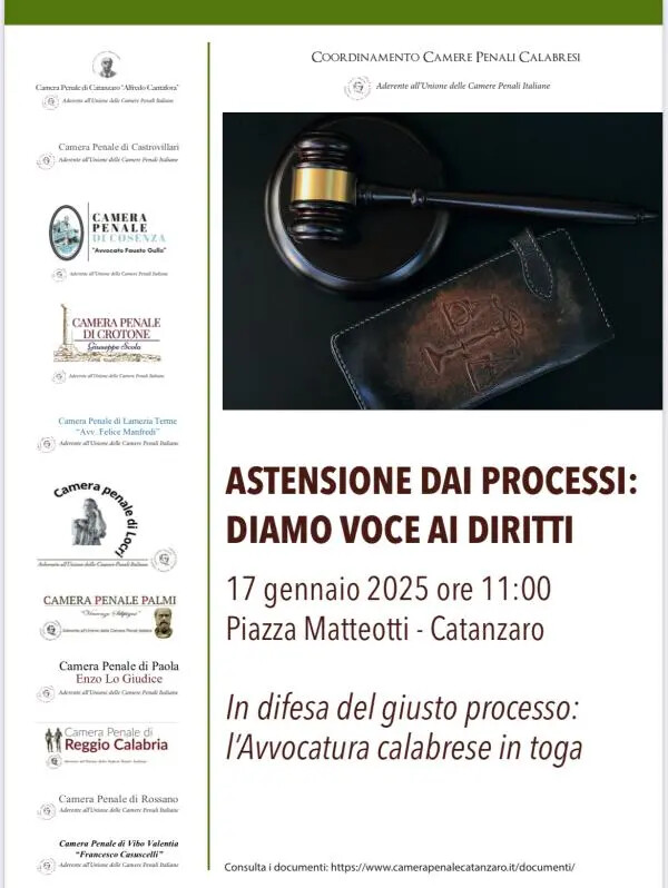 Catanzaro, “Astensione dei penalisti: diamo voce ai diritti”: in piazza il 17 gennaio images Catanzaro, “Astensione dei penalisti: diamo voce ai diritti”: in piazza il 17 gennaio