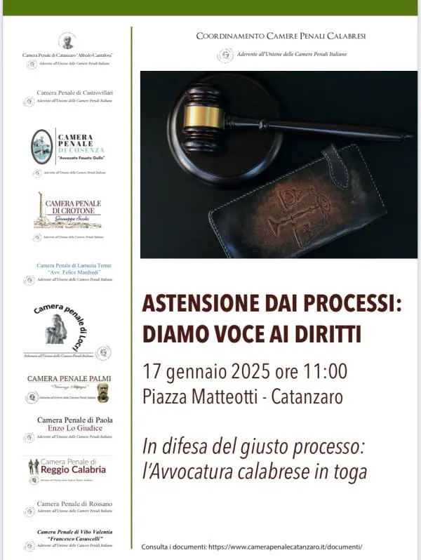 Catanzaro, “Astensione dei penalisti: diamo voce ai diritti”: in piazza il 17 gennaio images Catanzaro, “Astensione dei penalisti: diamo voce ai diritti”: in piazza il 17 gennaio
