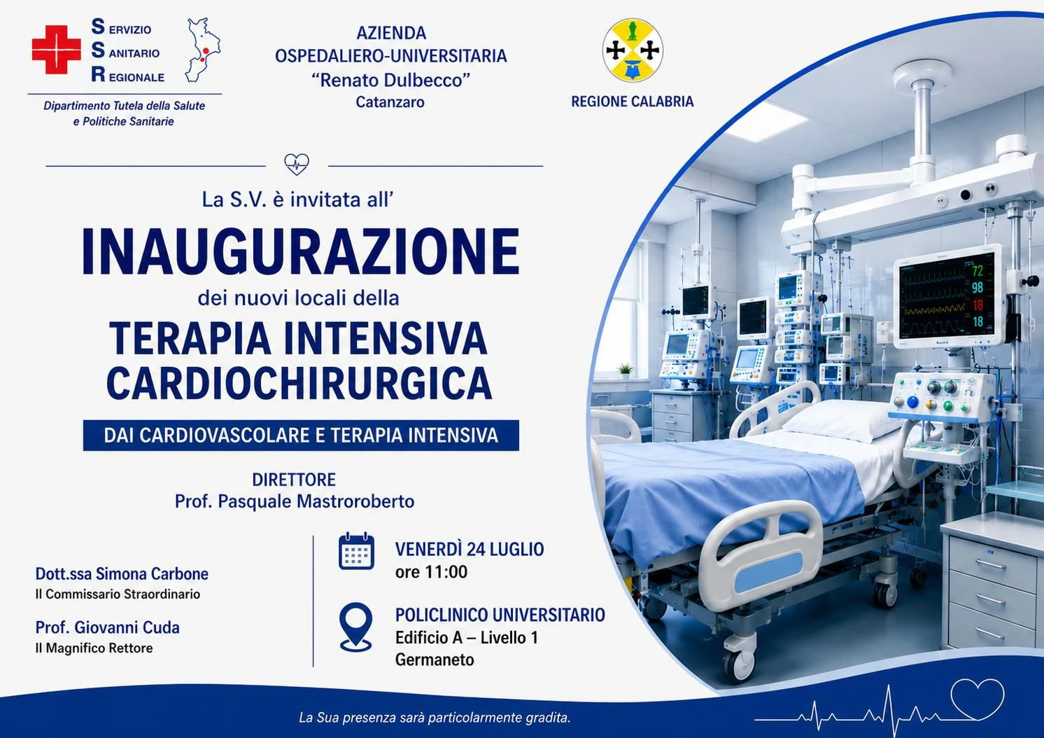 Catanzaro, domani l'inaugurazione della nuova Terapia Intensiva Cardiochirurgica dell'AOU "Renato Dulbecco"