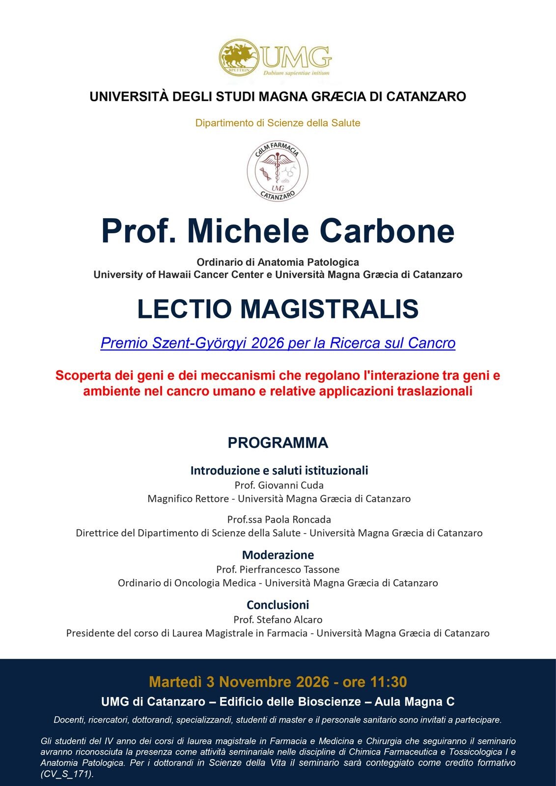 images Eccellenze nella ricerca, all’Umg un seminario con il professore Michele Carbone