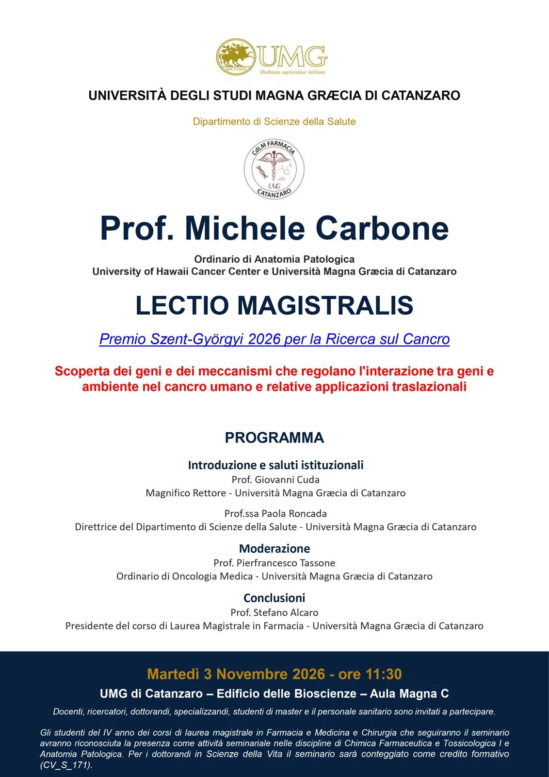 Eccellenze nella ricerca, all’Umg un seminario con il professore Michele Carbone