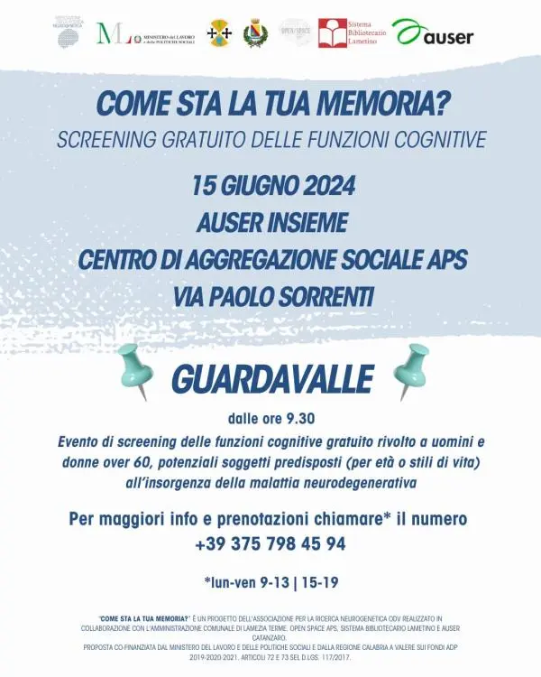 A Guardavalle appuntamento con il progetto “Come sta la tua memoria? Prevenzione e Screening”  images A Guardavalle appuntamento con il progetto “Come sta la tua memoria? Prevenzione e Screening”