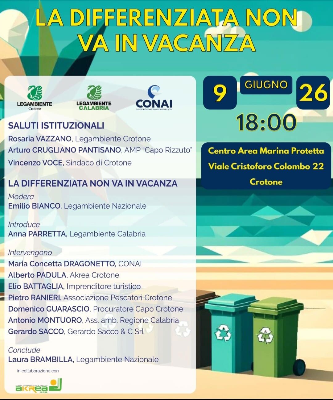 "La differenziata non va in vacanza": domani 9 giugno a Crotone il confronto promosso da Legambiente e CONAI images "La differenziata non va in vacanza": domani 9 giugno a Crotone il confronto promosso da Legambiente e CONAI