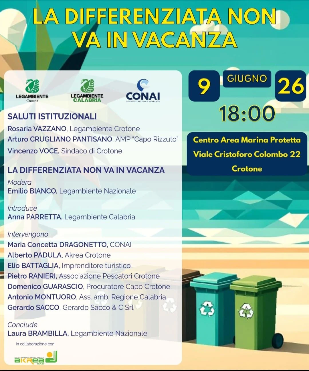 "La differenziata non va in vacanza": domani 9 giugno a Crotone il confronto promosso da Legambiente e CONAI