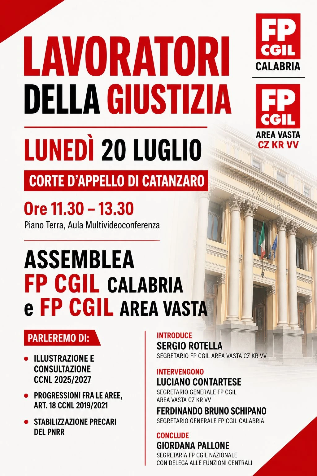 Giustizia, lunedì a Catanzaro assemblea con la Segretaria Nazionale FP CGIL Giordana Pallone