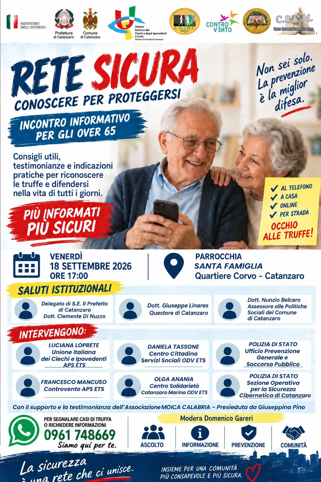 Catanzaro, "Rete Sicura – Conoscere per proteggersi": venerdì 18 settembre un incontro informativo per over 65