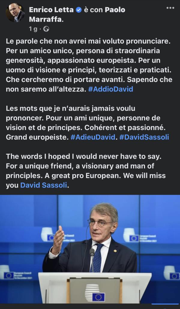 images Addio a David Sassoli, Marraffa: "Spero che la gente impegnata nella politica possa prendere esempio da lui"