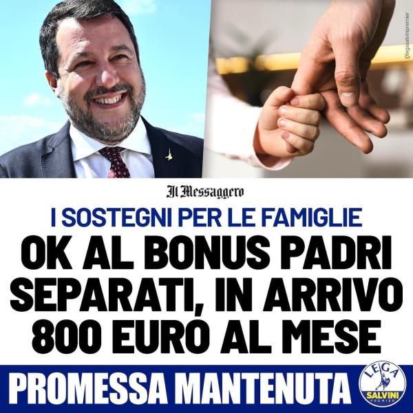 Bonus 800 euro mensili per padri separati, Saccomanno (Lega): "Volere è potere, promessa mantenuta" images Bonus 800 euro mensili per padri separati, Saccomanno (Lega): "Volere è potere, promessa mantenuta"