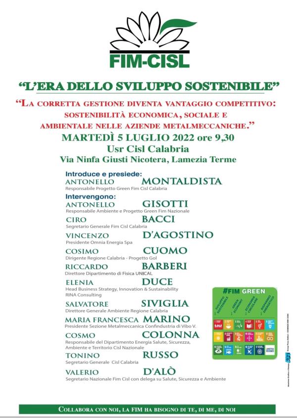 "L'era dello sviluppo sostenibile": si terrà a Lamezia l'iniziativa di Fim-Cisl images "L'era dello sviluppo sostenibile": si terrà a Lamezia l'iniziativa di Fim-Cisl