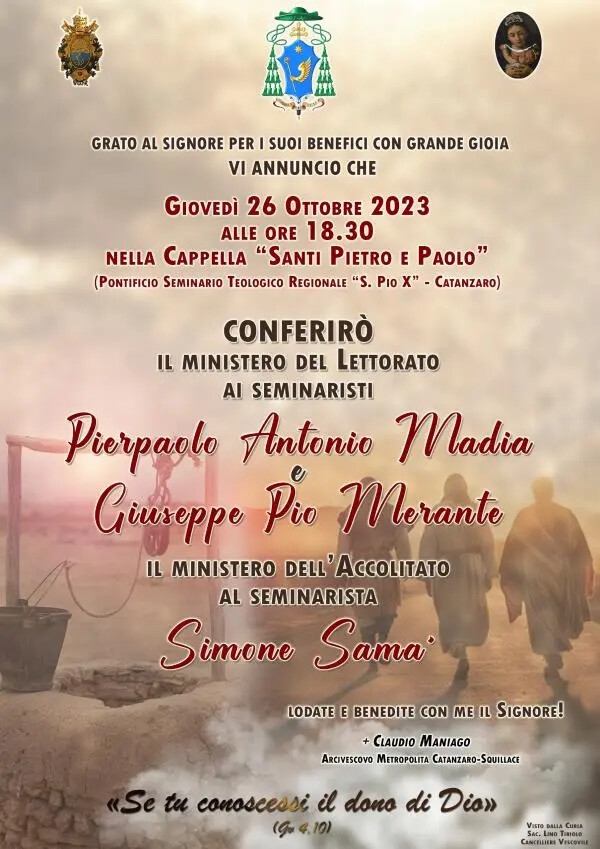 Catanzaro, il 26 ottobre istituzione di lettorato e accolitato per alcuni seminaristi del "San Pio X" images Catanzaro, il 26 ottobre istituzione di lettorato e accolitato per alcuni seminaristi del "San Pio X"