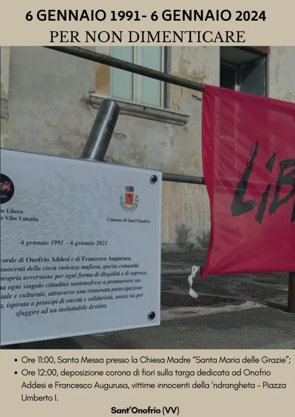 6 Gennaio 1991 - 2024, per non dimenticare: a Vibo l'iniziativa di Libera in ricordo di Onofrio Addesi e Francesco Augurusa images 6 Gennaio 1991 - 2024, per non dimenticare: a Vibo l'iniziativa di Libera in ricordo di Onofrio Addesi e Francesco Augurusa