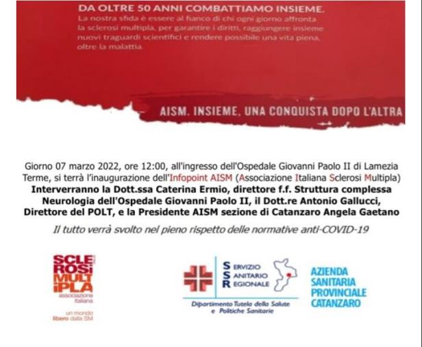 Sclerosi Multipla: il 7 marzo presentazione dell’Infopoint Aism nel Presidio Ospedaliero di Lamezia Terme images Sclerosi Multipla: il 7 marzo presentazione dell’Infopoint Aism nel Presidio Ospedaliero di Lamezia Terme