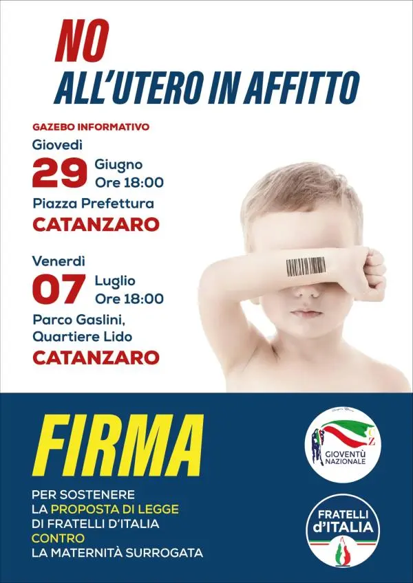"No all’Utero in affitto", a Catanzaro la raccolta firme di Fratelli d'Italia images "No all’Utero in affitto", a Catanzaro la raccolta firme di Fratelli d'Italia
