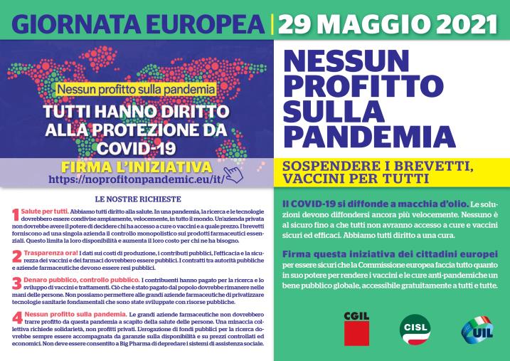 images Giornata europea “No profit on pandemic, nessun profitto sulla pandemia”: Cgil, Cisl e Uil domani a Cosenza