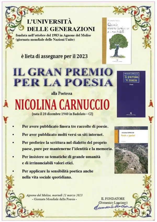 Giornata mondiale della Poesia, premiata per i suoi versi la poetessa Nicolina Carnuccio images Giornata mondiale della Poesia, premiata per i suoi versi la poetessa Nicolina Carnuccio