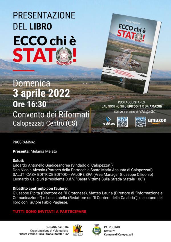 Basta Vittime sulla Ss. 106, domenica a Calopezzati la presentazione di "Ecco chi è stato", il libro di Fabio Pugliese images Basta Vittime sulla Ss. 106, domenica a Calopezzati la presentazione di "Ecco chi è stato", il libro di Fabio Pugliese