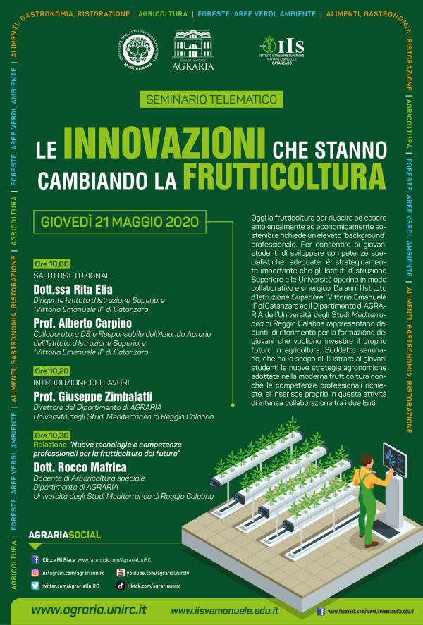 images “Le innovazioni che stanno cambiando la frutticoltura”: giovedì seminario telematico con l'Istituto d'istruzione “Vittorio Emanuele II” e l'Università di Reggio Calabria