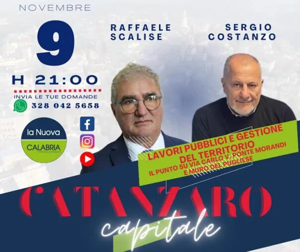 Catanzaro Capitale, lavori pubblici e gestione del territorio: confronto fra Scalise e Costanzo domani in diretta alle 21 images Catanzaro Capitale, lavori pubblici e gestione del territorio: confronto fra Scalise e Costanzo domani in diretta alle 21