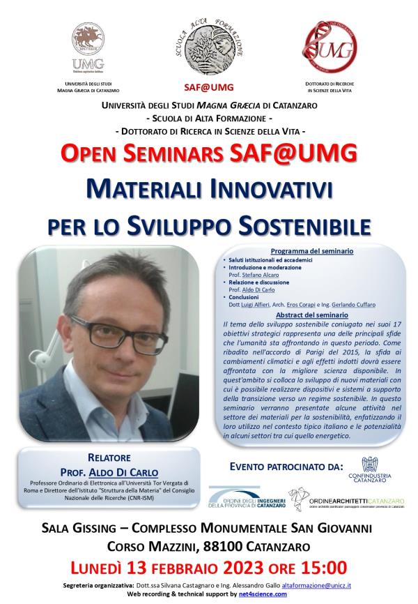 Alta Formazione UMG, primo incontro con Aldo Di Carlo su "Materiali Innovativi per lo Sviluppo Sostenibile" images Alta Formazione UMG, primo incontro con Aldo Di Carlo su "Materiali Innovativi per lo Sviluppo Sostenibile"