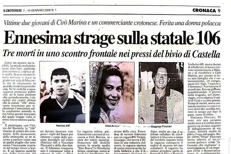 “Basta Vittime Sulla Strada Statale 106” dopo 20 anni, ricorda le vittime Elisa Sciuto, Patrizio Alfì e Vincenzo Floccari images “Basta Vittime Sulla Strada Statale 106” dopo 20 anni, ricorda le vittime Elisa Sciuto, Patrizio Alfì e Vincenzo Floccari
