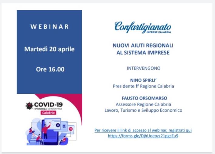 “Nuovi aiuti regionali a sostegno del sistema imprese”, il tema del webinar di Confartigianato Imprese Calabria images “Nuovi aiuti regionali a sostegno del sistema imprese”, il tema del webinar di Confartigianato Imprese Calabria