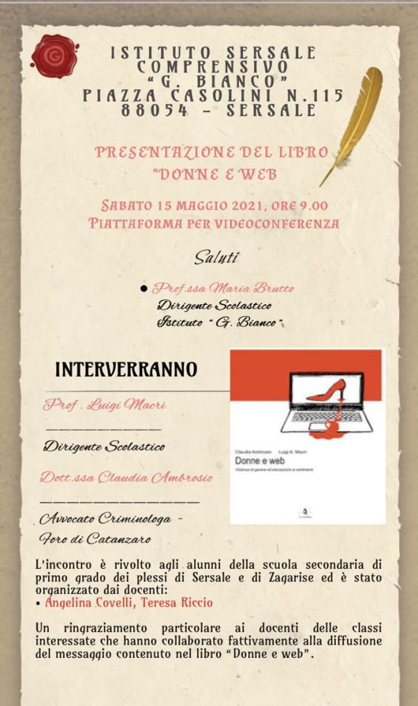 “Donne e web”: oggi la presentazione del libro per gli alunni dell’Istituto Comprensivo G. Bianco di Sersale e Zagarise images “Donne e web”: oggi la presentazione del libro per gli alunni dell’Istituto Comprensivo G. Bianco di Sersale e Zagarise