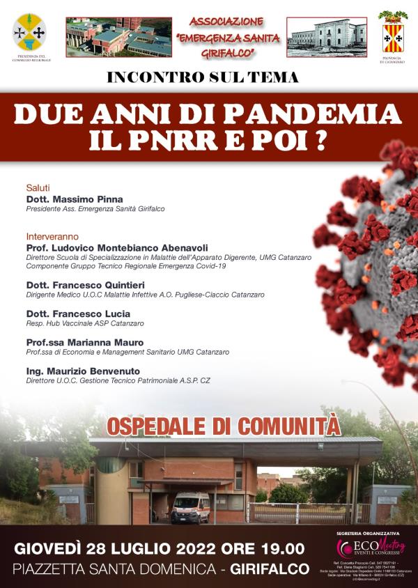 Girifalco, "Pandemia, Pnrr e ospedale di comunità”: incontro pubblico promosso dall’Associazione Emergenza Sanità images Girifalco, "Pandemia, Pnrr e ospedale di comunità”: incontro pubblico promosso dall’Associazione Emergenza Sanità